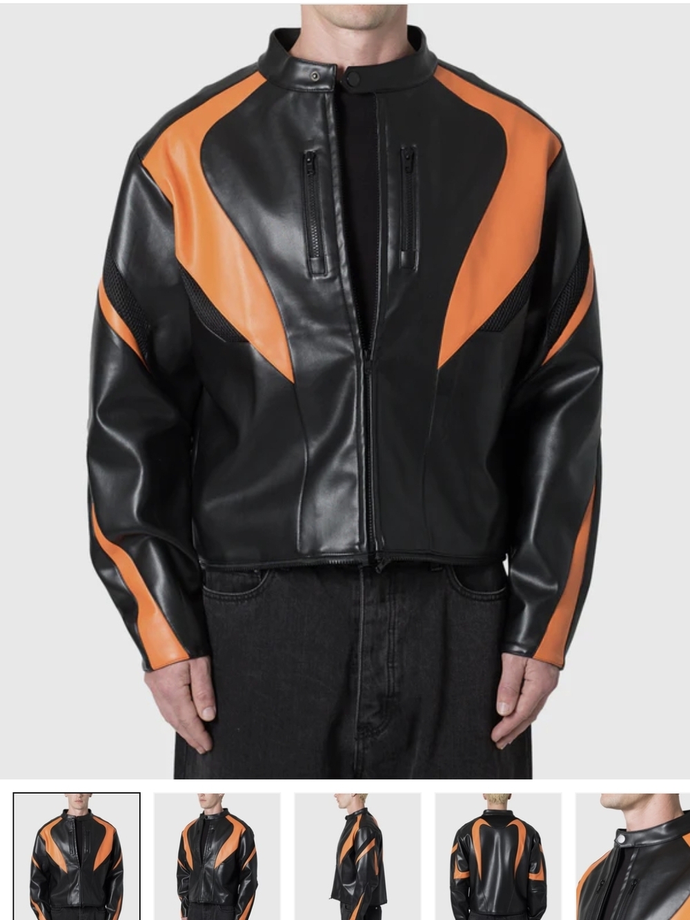 MNML Black and Orange Faux Leather Bomber Jacket